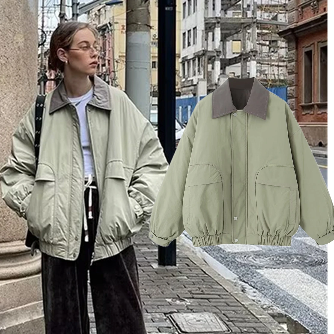 Withered Winter Parka Coat Women American Vintage Pilot Jacket Pea Green Contrasting Lapel Warm Jacket, Female