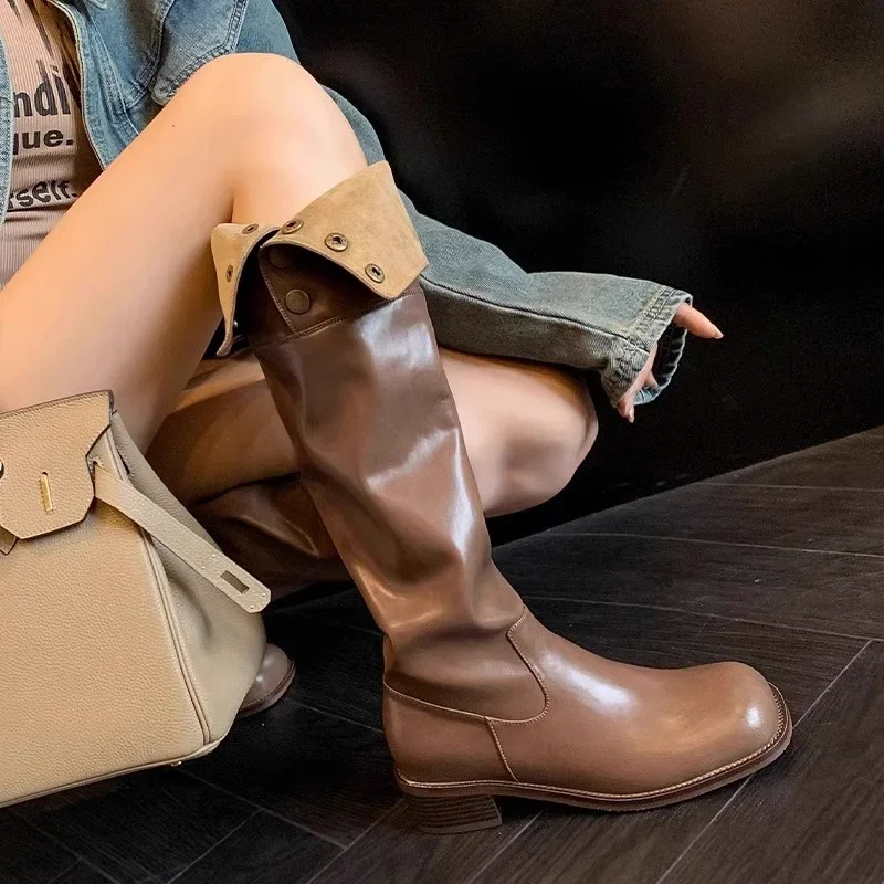 

Women Retro Fold Thigh Boots Autumn Winter Fashion Square Toe High Heels Brown Knight Boots Woman Slip on PU Leather Long Botas