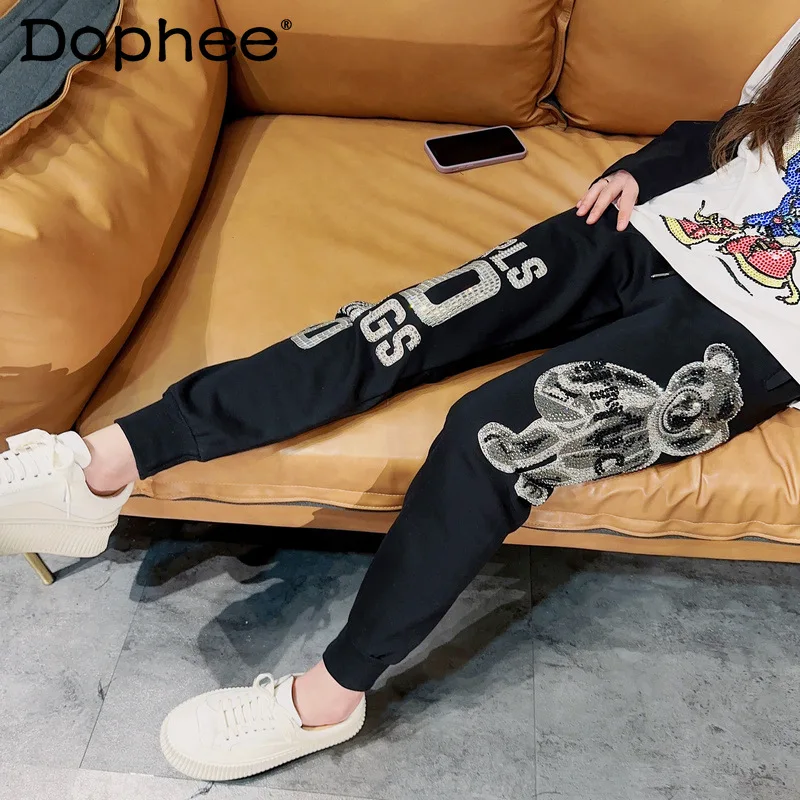 Light Luxury Fashion Rhinestone Bear Spring Autumn Sweatpants Loose Men's Women's Couple Trendy Personal Leisure Trousers