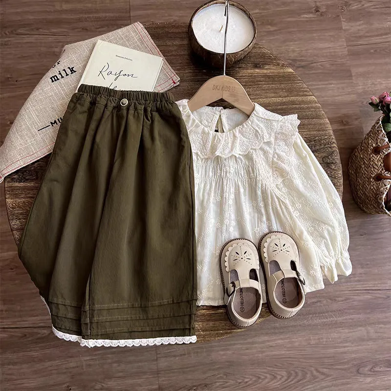 Kinder-Sets, Boho-Spitzen-Set für Mädchen, bestickte Bluse und Hose, 2-teiliges Outfit im Waldstil für Kleinkinder, Mädchenkleidung