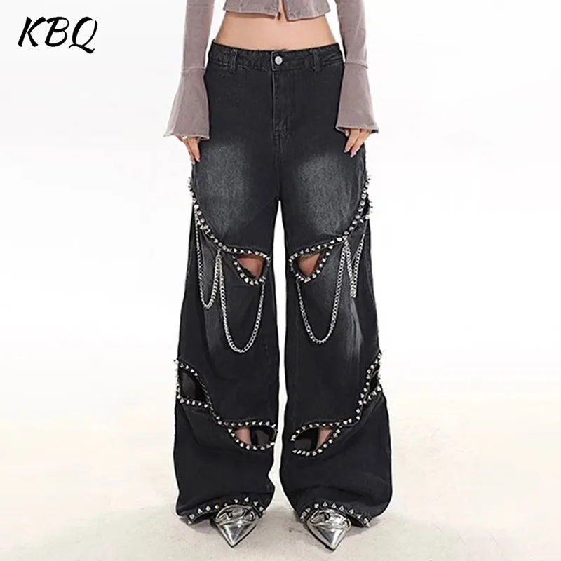 

KBQ Hollow Out Patchwork Sequined Casual Jeans For Women High Waist Spliced Zipper Wide Leg Solid Pants Female Fashion Style New