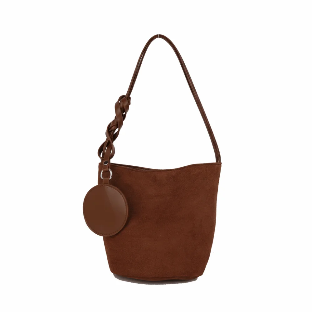 Modische Einfarbige Wildleder-Bucket-Bags Große Kapazität Schnallen-Unterarmtasche Schultertasche für Damen – Detail 7