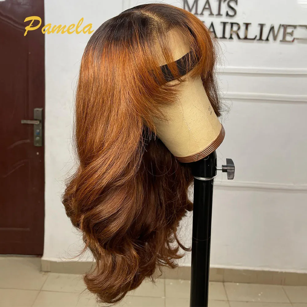 Honey Blonde Glueless Wig Ready To Wear Highlight Ombre 1bGinger Body Wave 9x6 Transparent Lace Closure Human Hair Wig With Bang