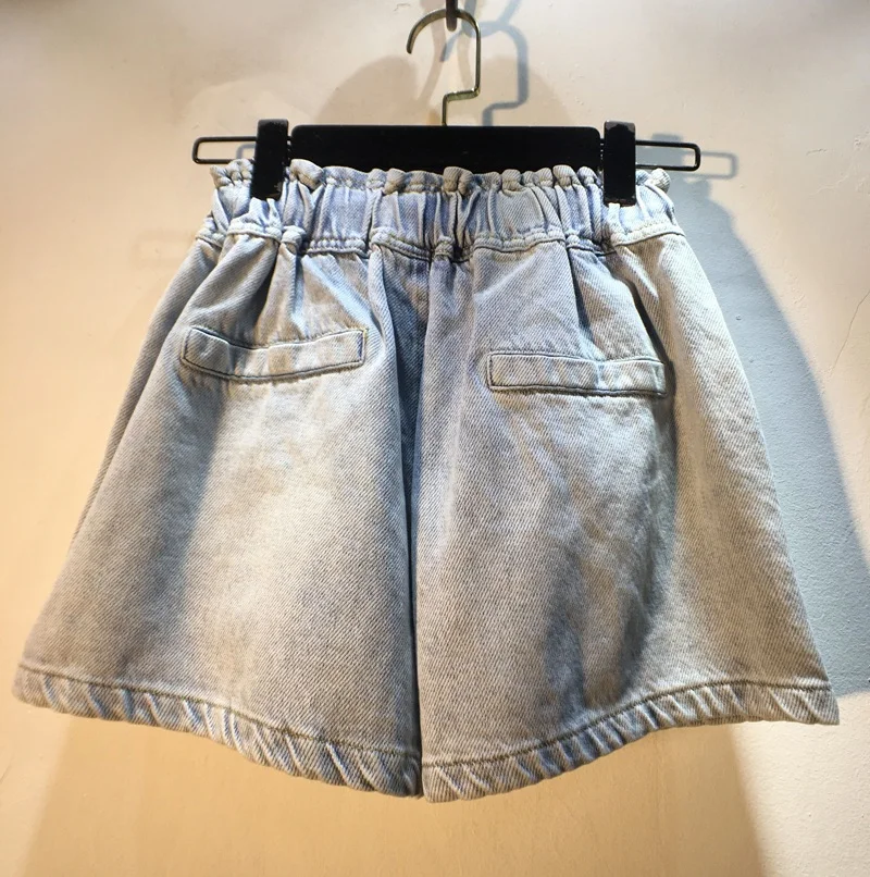 Heavy Diamond Beaded Blue Denim Shorts for Women Elastic High Waist Slimming Wide-Leg Jean Shorts 2023 Spring Summer New Bottoms
