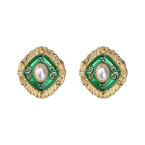 Medium Stud Earring, Metal Geometric Boho Ethnic Pearls Earring, Trendy Chic Studs for Women Femal