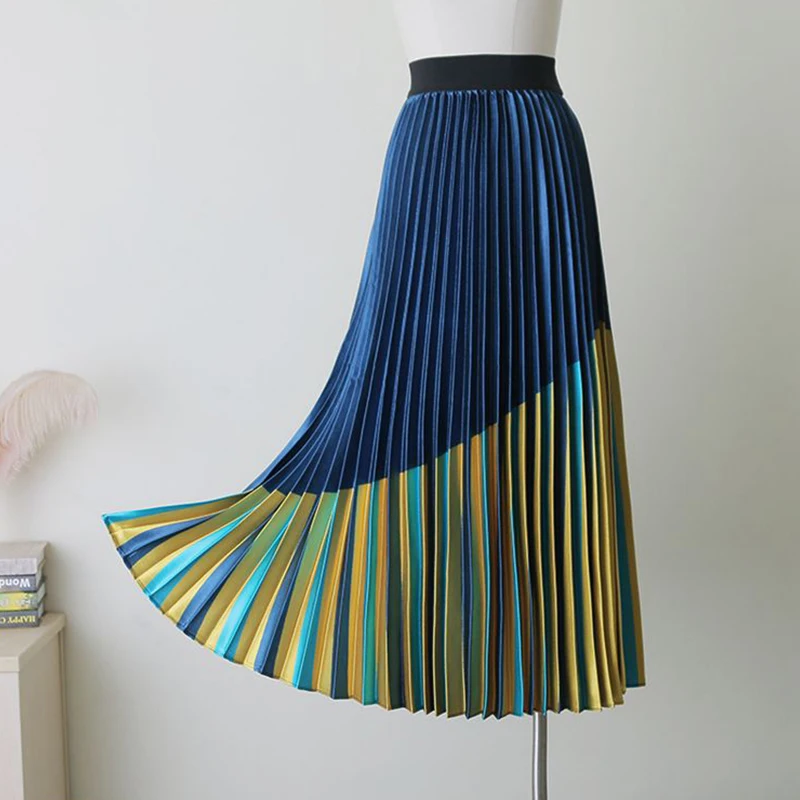 

Spring Summer Elastic High Waist Elegant Fashion Pleated Patchwork A-line Skirt Female Casual All-match Skirts Women's Clothing