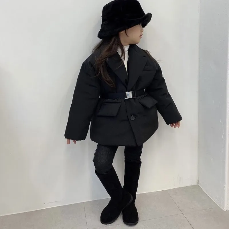 Fashion Baby Boy Girl Cotton Padded Suit Jacket Winter Child Waist Belt Coat Warm Outwear Turn Down Collar Baby Clothes 2-10Y