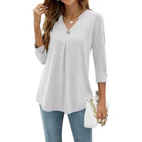 2024 Spring Autumn Women T-shirt V Neck 3/4 Sleeve Pin Decor Pleated Hem Solid Color Slim Fit Tunic T-shirt Tops Blouse - Image 4