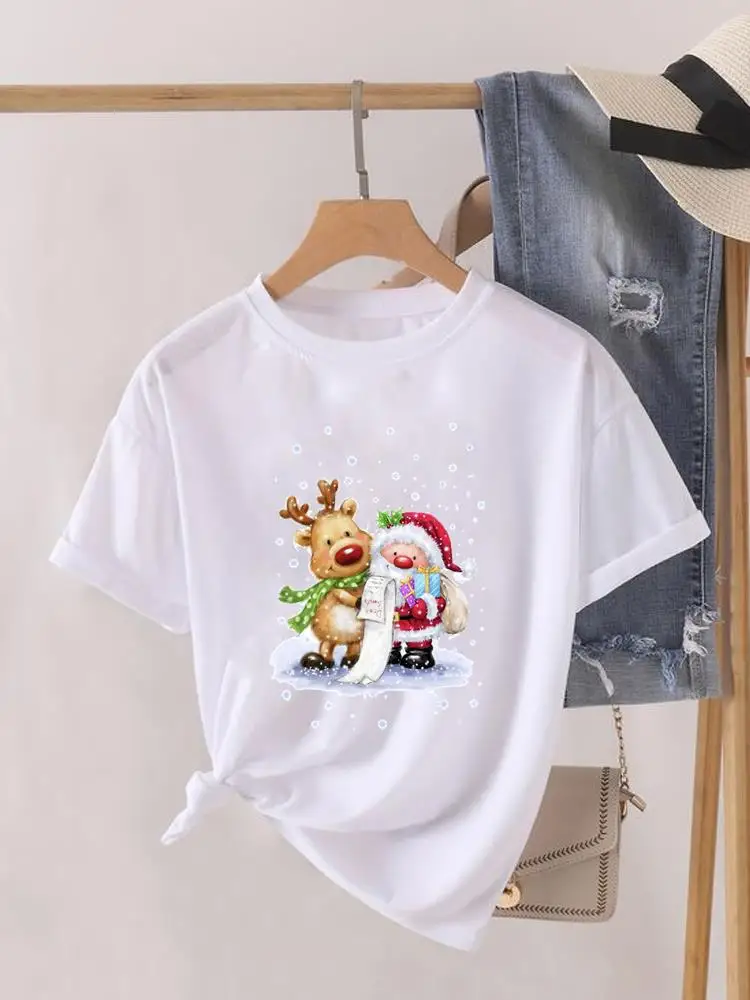 

Женская модная Новогодняя футболка с коротким рукавом и принтом, футболка, трендовая Милая Рождественская одежда с изображением дерева, футболка с графическим рисунком