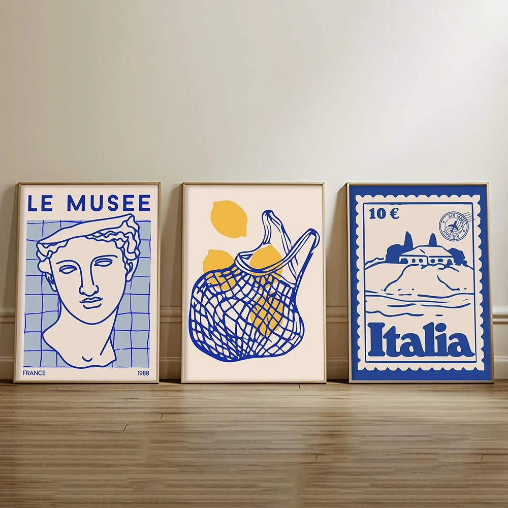 Quadro su tela senza cornice, 1 pezzo, blu, arte murale maximalista, decorazione costiera, stampe Le Musee, estate italiana, retrò, colazione, cibo, bevande C - immagine 3