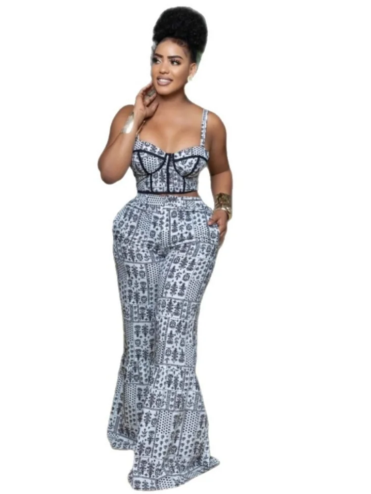 Wmstar Two Piece Sets Women Wholesale Fashion Black and White Printed Strap Top High Waist Flared Trousers Matching Suit