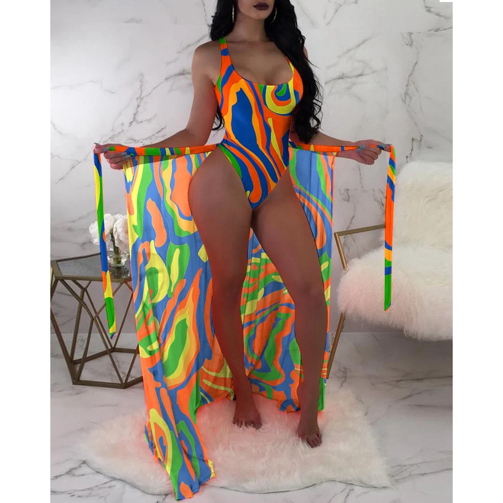 Summer Sexy Women Vintage Geometric Print One Piece Swimsuit With Cover Up Beach Two Pieces Set New in Swimsuit Vacation