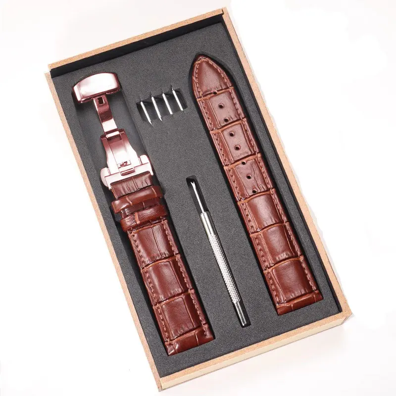 Elegant Genuine Leather Watch Strap with Wooden Box and Butterfly Clasp