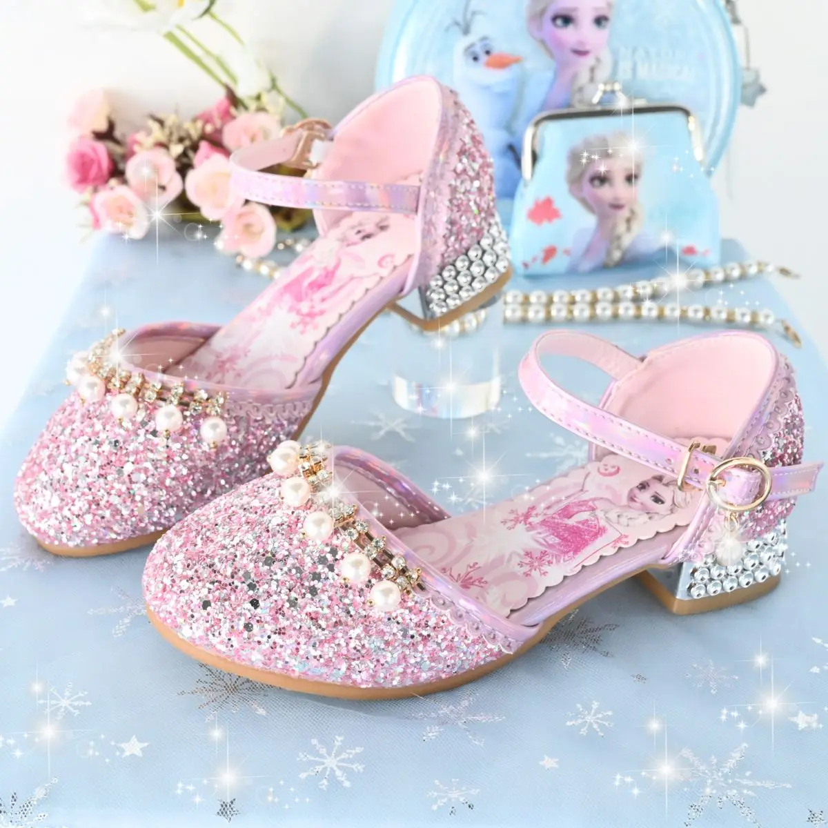 Zapatos De Princesa Elsa Tacón Alto Para Niños Niña Crystal Congelados Para