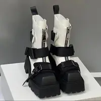 2025 Women Top Layer Cowhide Female Square Toe Western Front Zipper Color Matching Thick Bottom Belt Buckle Booties Chelsea - Image 2