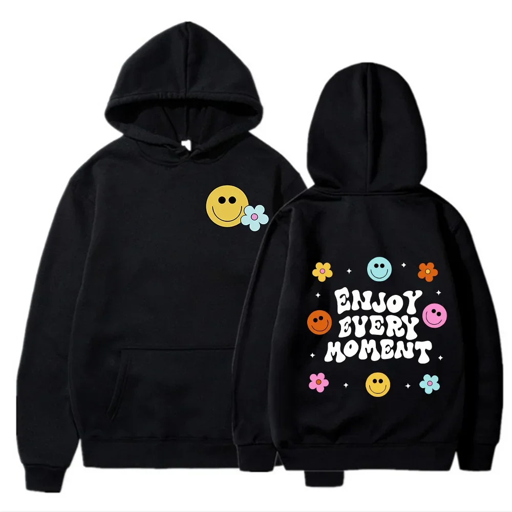 

2024 Autumn and Winter New Smiley Enjoy Every Moment Print Hoodie Sweatshirt Cool Casual Loog Sleeve Soft Top Hoodies for Men