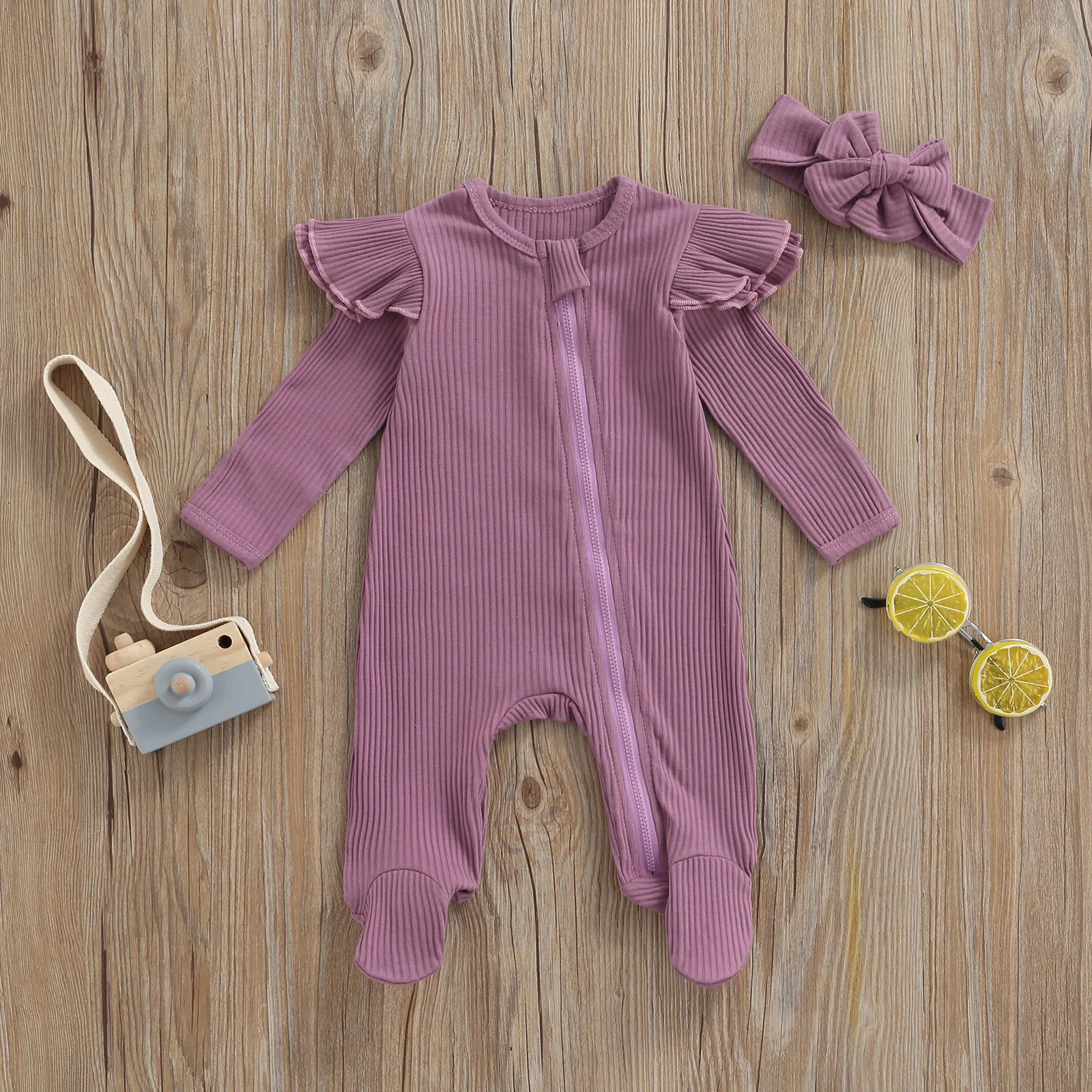 Long Sleeves Zip-Up Footed Jumpsuits + Hairband 4