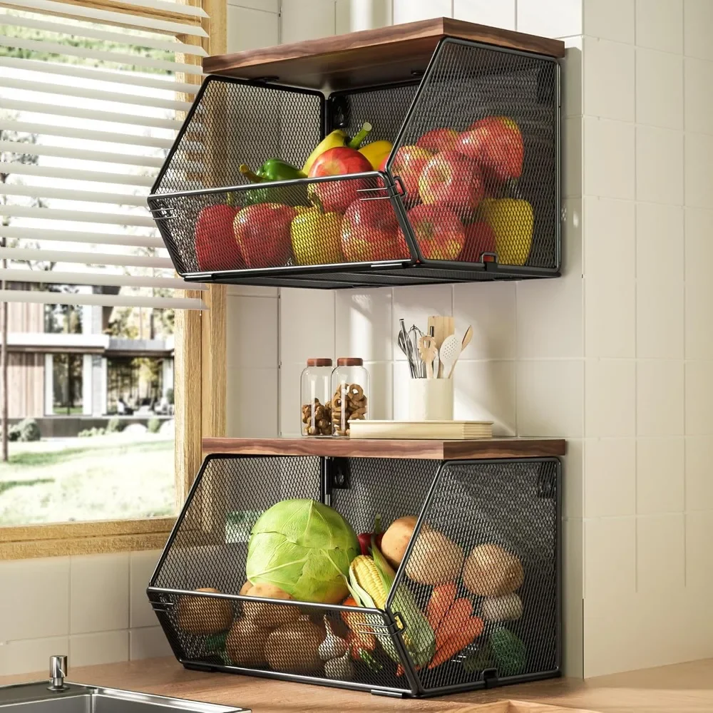 Hanging Fruit Basket Wall Mounted Countertop Frame Stackable Desktop Shelf Kitchen Storage Rack Portable Onion Organizer Baskets