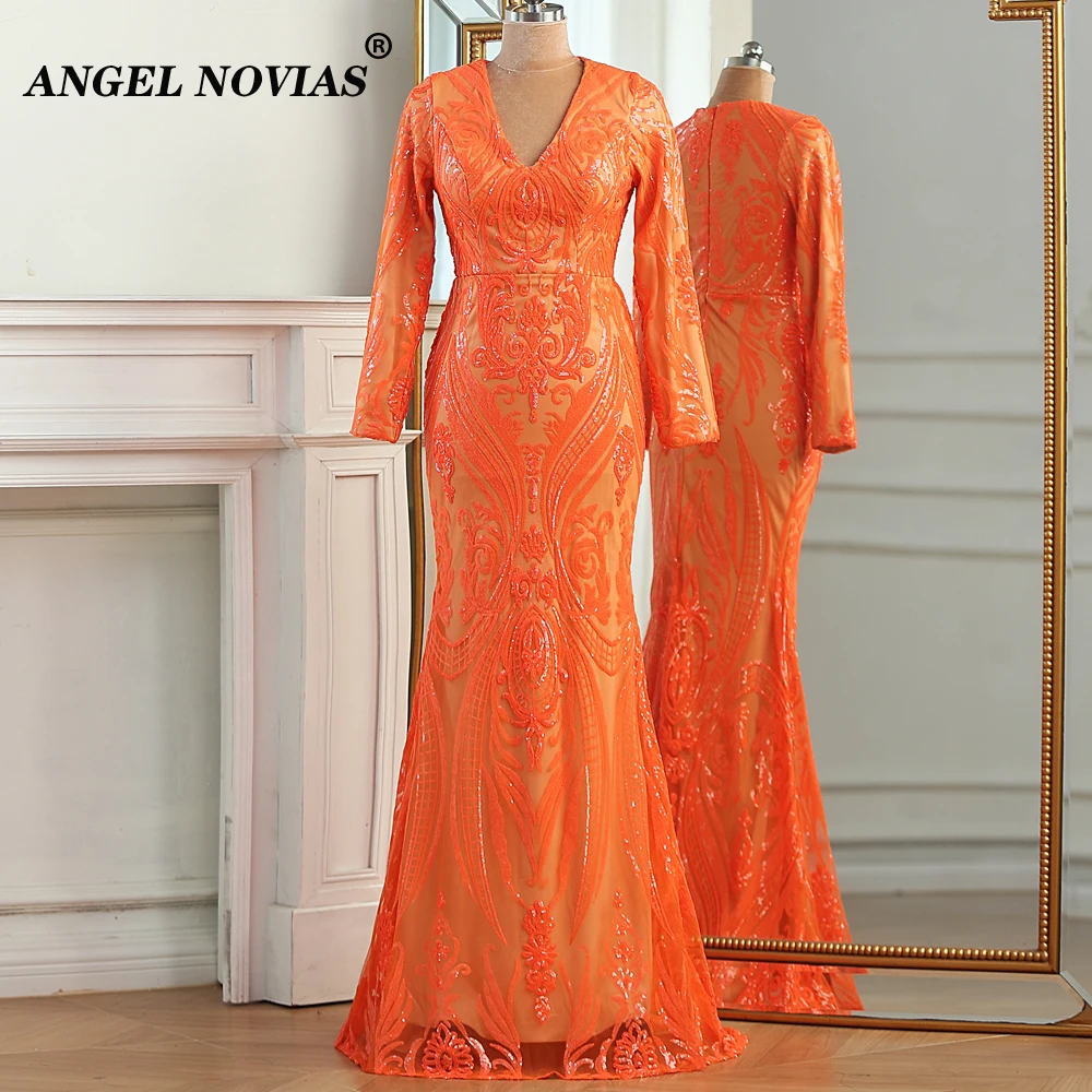 

Real Picture Long Sleeves Mermaid Orange Prom Dresses for Black Girls V Neckline Homecoming Graduation Dress Robes De Soiree