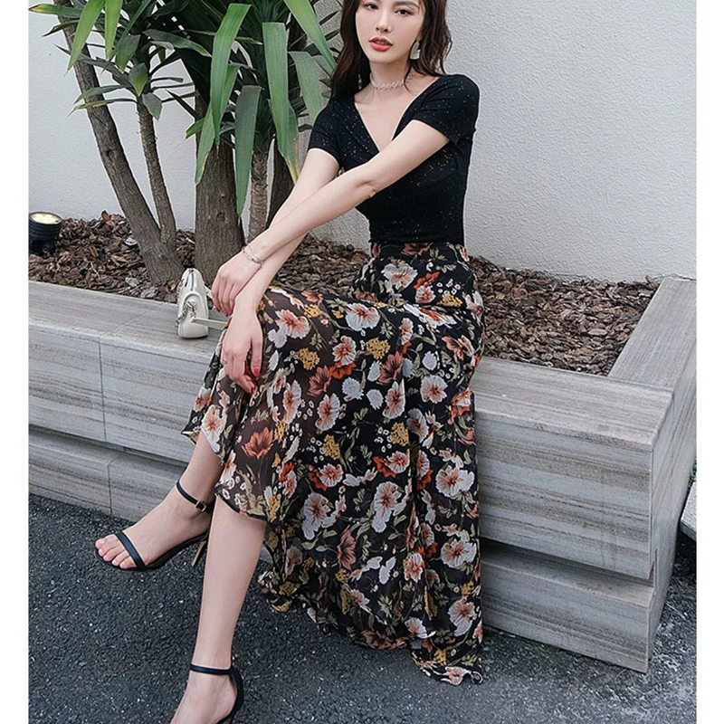 Fashion Zipper Printed Elegant Chiffon Floral Skirts Women Clothing 2024 Summer New Loose Office Lady High Waist Mermaid Skirts
