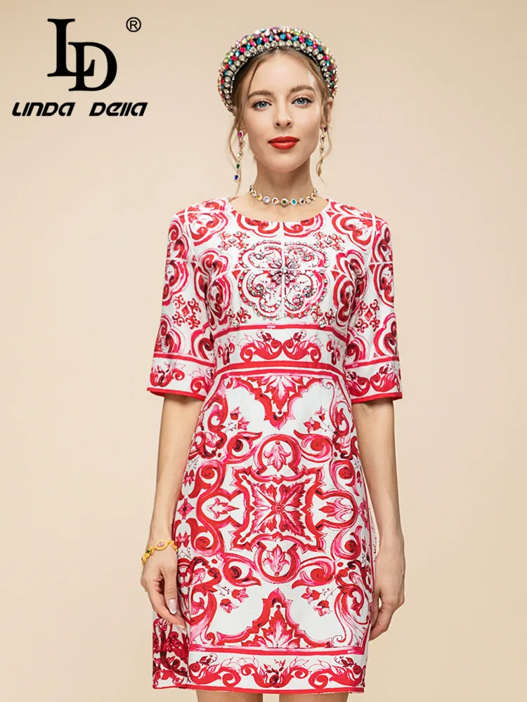 

LD LINDA DELLA New Style Summer Fashion Designer Dress Women's Round Neck Print High Waist Asymmetrical Beach Mini Dress