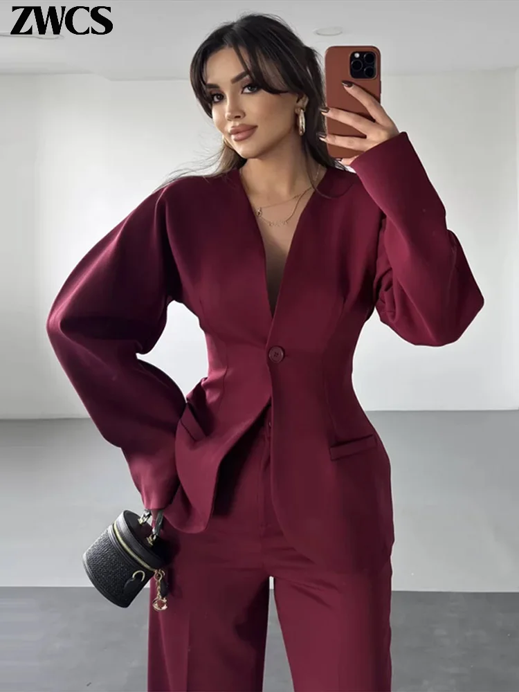 Blazer eleganti con scollo a V Cappotto Pantaloni Set Donna Solido Abito con bottone singolo Cappotti Pantaloni lunghi dritti 2025 Autunno Office Lady Outfit 5