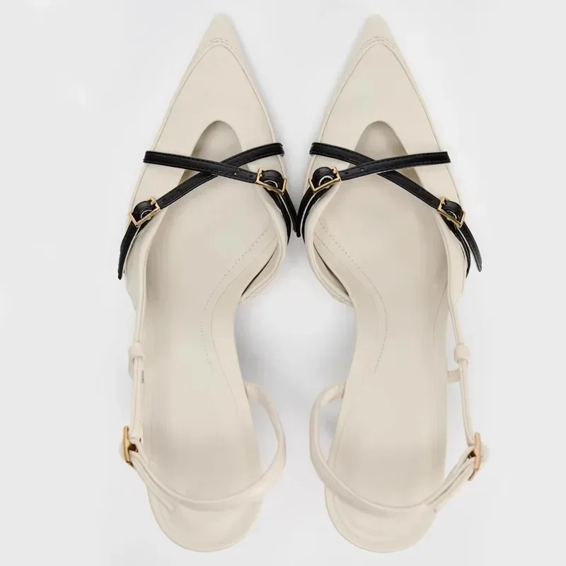 Women Slingback Sandals High Heels Pointed Toe Belt Buckle Mules Pumps