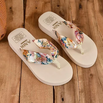 Summer Floral Printing Slippers Women Bohemian Satin Strap Flat Flip Flops Outdoor Thick Bottom Beach Shoes Pantuflas Mujer 1