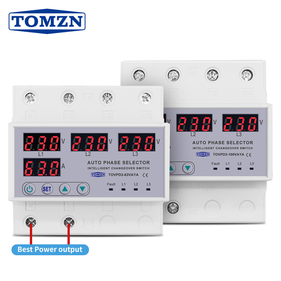  TOMZN 100A 63A 3 phase 3P+N DIN Rail Phase Selector Adjustable Over And Under Voltage Current Protection Monitor Relay Protector 