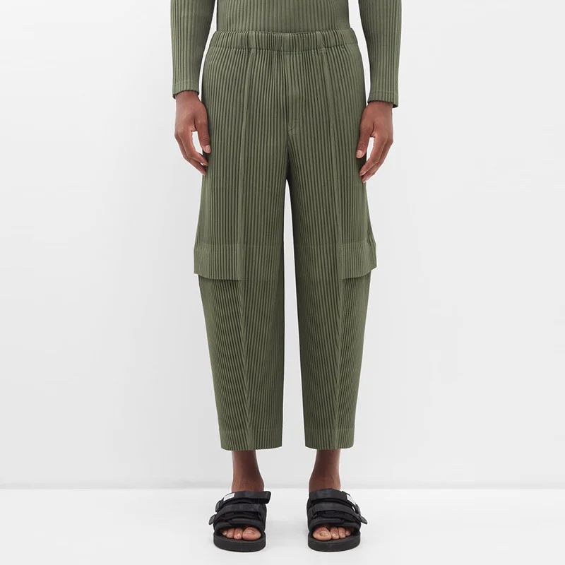 

Miyake Pleated Homme Men Cargo Black Pants High Waist Ankle-Length Pants