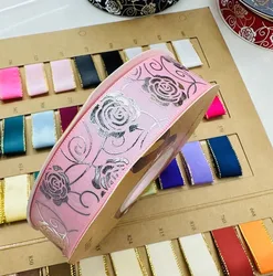 Gold and Silver Foil Rose Floral Satin Ribbon - 25mm, Elegant DIY Packaging Accessory - 48yards (Silver 3)