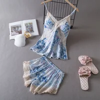 Lisacmvpnel Ice Silk With Chest Pad Women 2 Pcs Set Pajamas Lace Sexy V-Neck Sexy Nightwear - Image 4