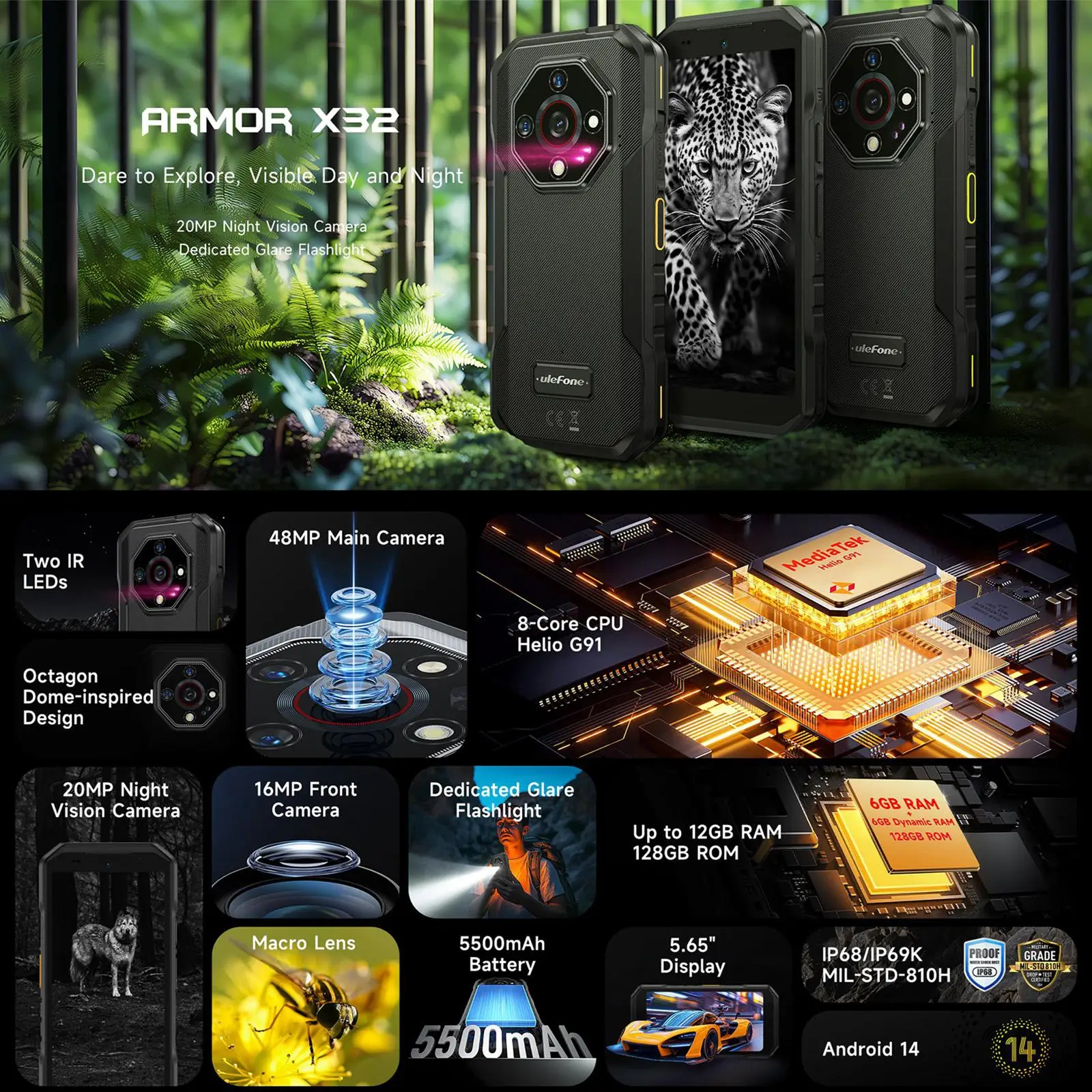 Ulefone Armor X32 Rugged Phone 6GB+128GB 5.65'' Android 14 Night Camera 48MP 5500mAh Dimensity 6300 NFC Smartphone