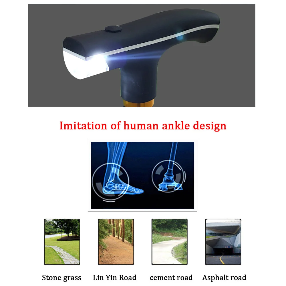 Folding Trekking Poles T-handle Hiking 5 Modes Adjustable Anti-Slip Poles Cane Old Man Crutches Stick Cane Crutch with LED Light 4