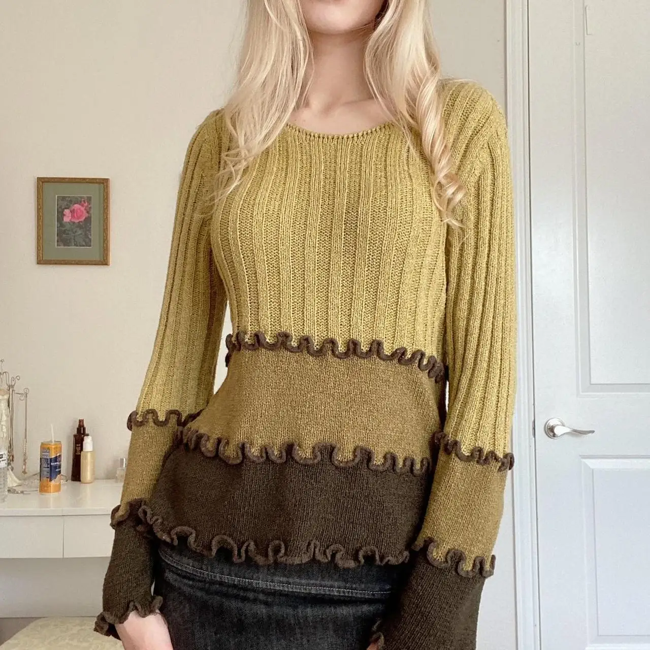 

Gaono Women Vintage Sweater y2k Fairy Grunge Frill Long Sleeve Round Neck Slim Fit Knit Pullover Tops Autumn Winter Streetwear