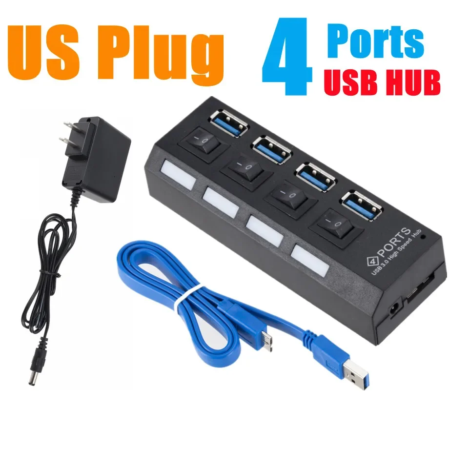 Compact High-Speed 4-Port USB HUB with External Power Adapter