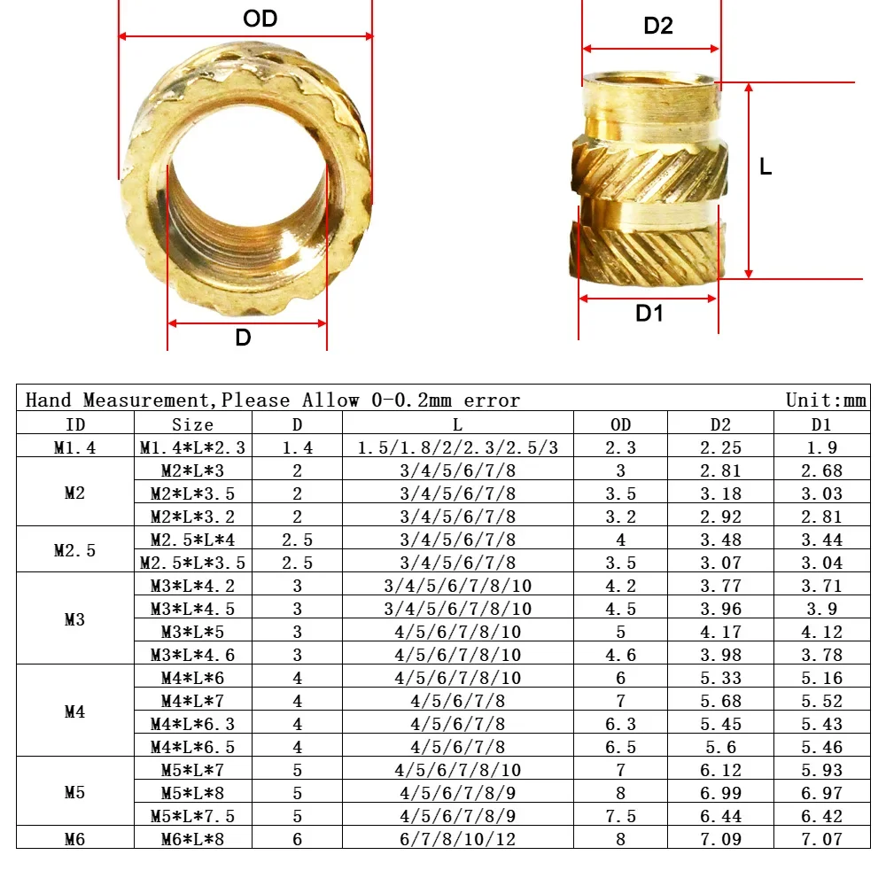 M2-M10 Brass Heat Insert Nut Double Twill Knurle Molding Injection Embedment Thread Hot Melt Nuts 3d Printer