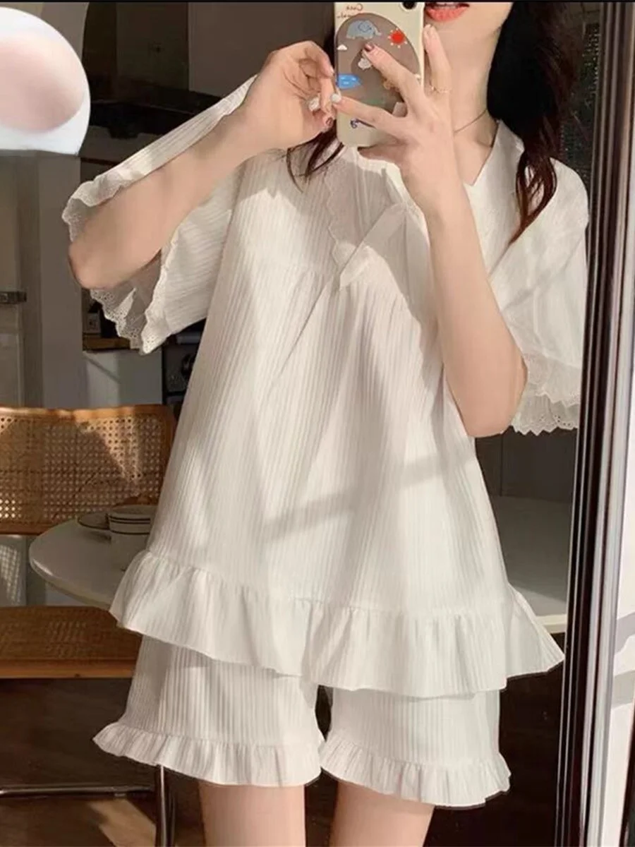 여성을위한 여름 짧은 소매 잠옷 세트 가슴 패드와 귀여운 공주 스타일 홈 의류 투피스 폴리 에스터 섬유 세트