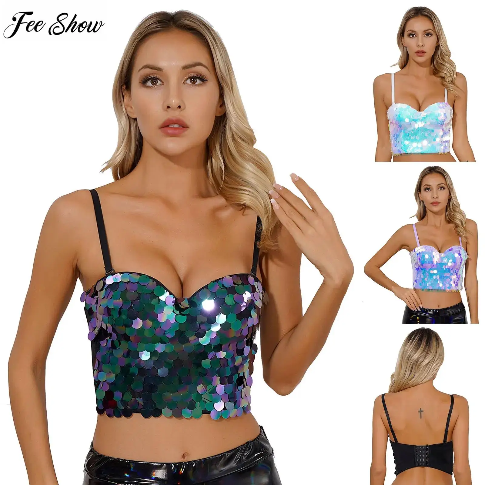 

Womens Sparkly Sequin Bustier Bra Top Underwire Adjustable Straps Anti-Slip Push Up Corset Crop Top for Belly Dance Nightclub