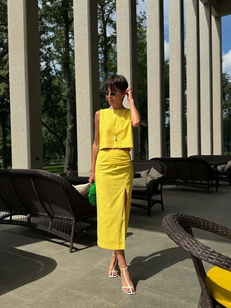 Linen Vest Suit Fashionable Round Neck Sleeveless Top And Side Slit Long Skirt Two Pieces Set Slim Casual Solid Color