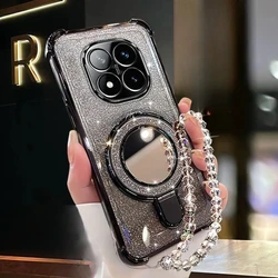 Custodia per telefono magnetica con specchio glitterato e supporto per bracciale