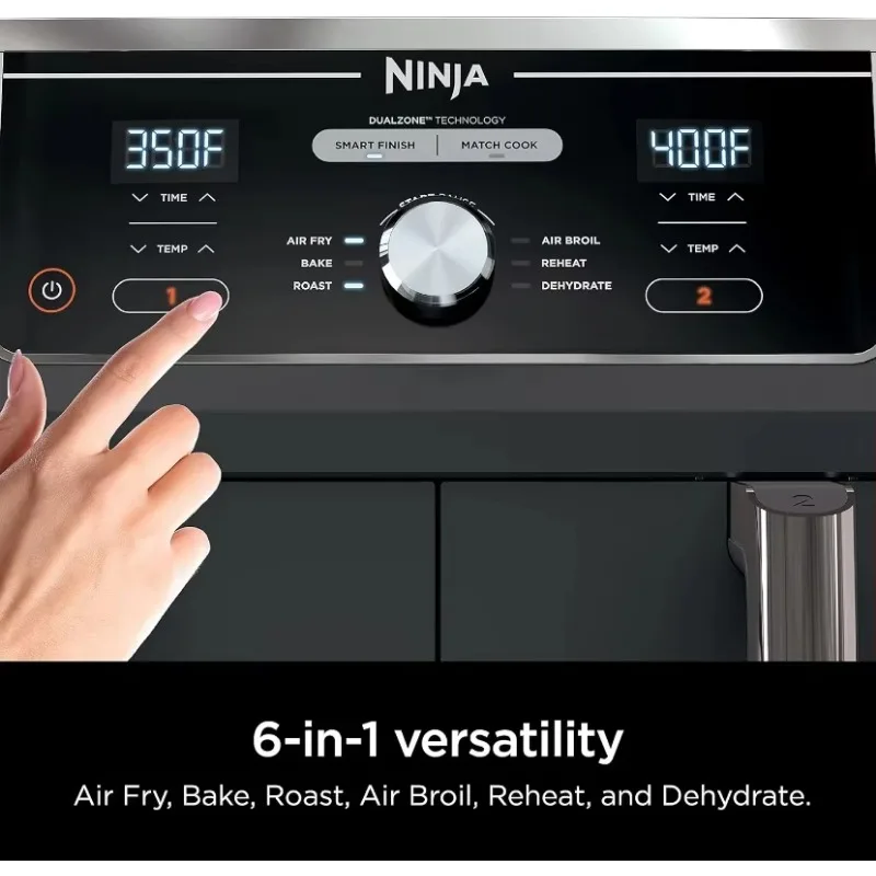 Ninja DZ401 Foodi 10 Quart 6-in-1 DualZone XL 2-Basket Air Fryer w 2 Independent Frying Baskets, Match Cook & Smart Finish, Grey 6