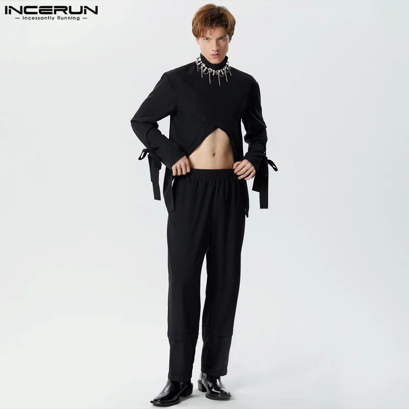 

INCERUN 2023, модные мужские комплекты в американском стиле, однотонные топы с полувысоким воротником и длинными рукавами, брюки, комплекты из двух предметов