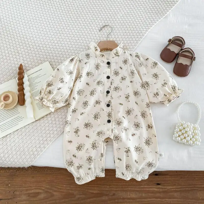 Fall Baby Girl Clothes Floral Printed Princess Jumpsuit Long Sleeve One-Piece Onesie Cotton Newborn Romper Toddler Infant Outfit
