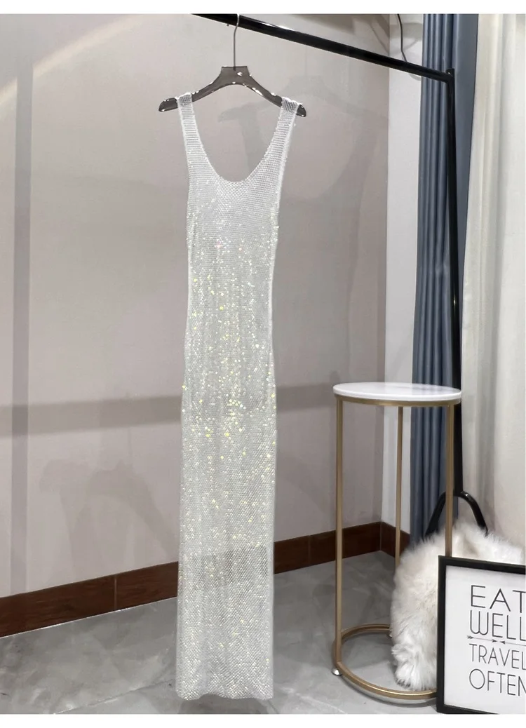 Diamond Party Daywear Round Neck Sexy Long Diamond Mesh