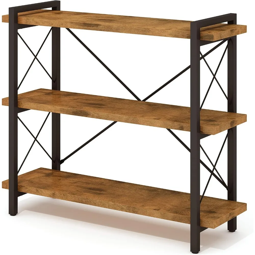 

HCHQHS Bookshelf, 3-Tier Industrial Bookcase,Rustic Open Book Shelf, Wood and Metal Horizontal Bookshelves，Storage Organization