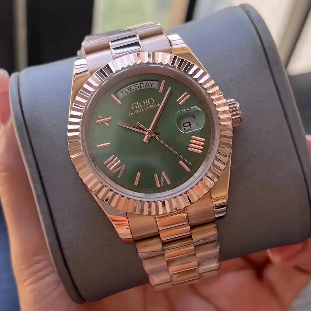 Фото Роскошные мужские автоматические механические часы из нержавеющей стали, серебристые, желтые, розовые, золотистые, зеленые, с датой и римским циферблатом, черные, белые, 36 мм, 41 мм №4