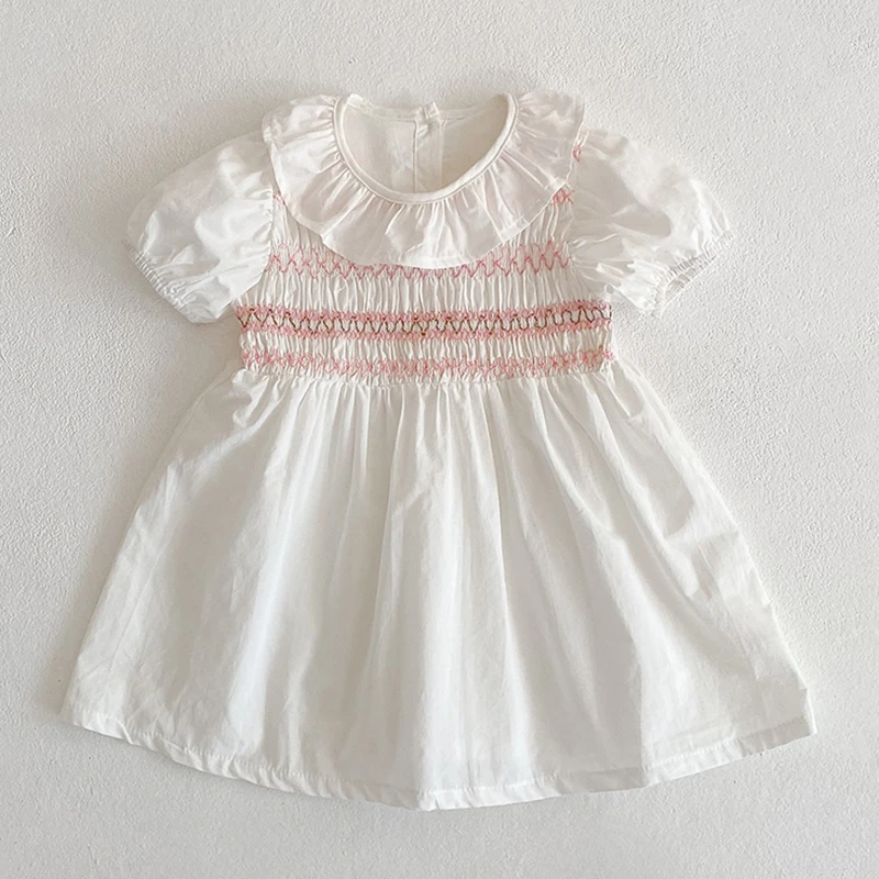 Summer Fashion Baby Girl Dress Lace Smocking Stitch Dress Infant Children Cotton Baby Bodysuit Family Matching Sister Outfit 4