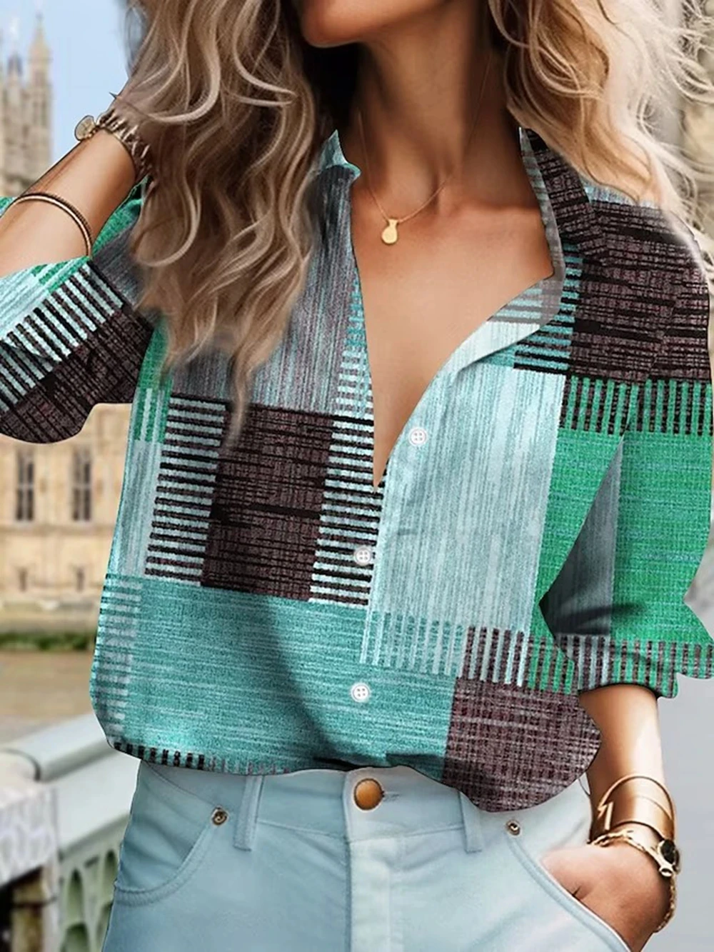 Women's shirt color-blocked button printed long-sleeved casual retro daily 2024 spring and summer top