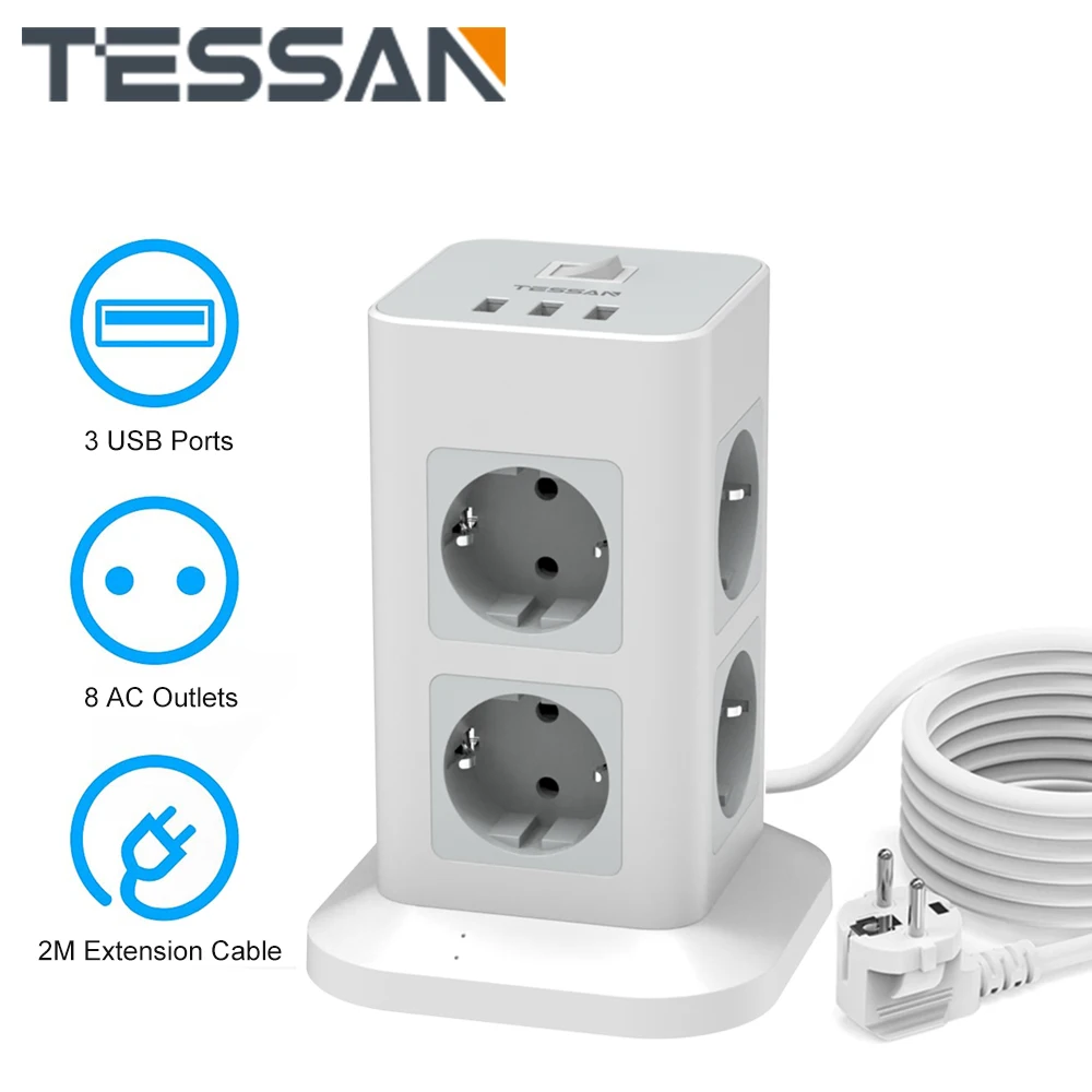 

TESSAN Multiple Socket Power Strip Surge Protector with 3/8 AC Outlets & 3 USB Ports, Socket Tower with 2m Extension Cable